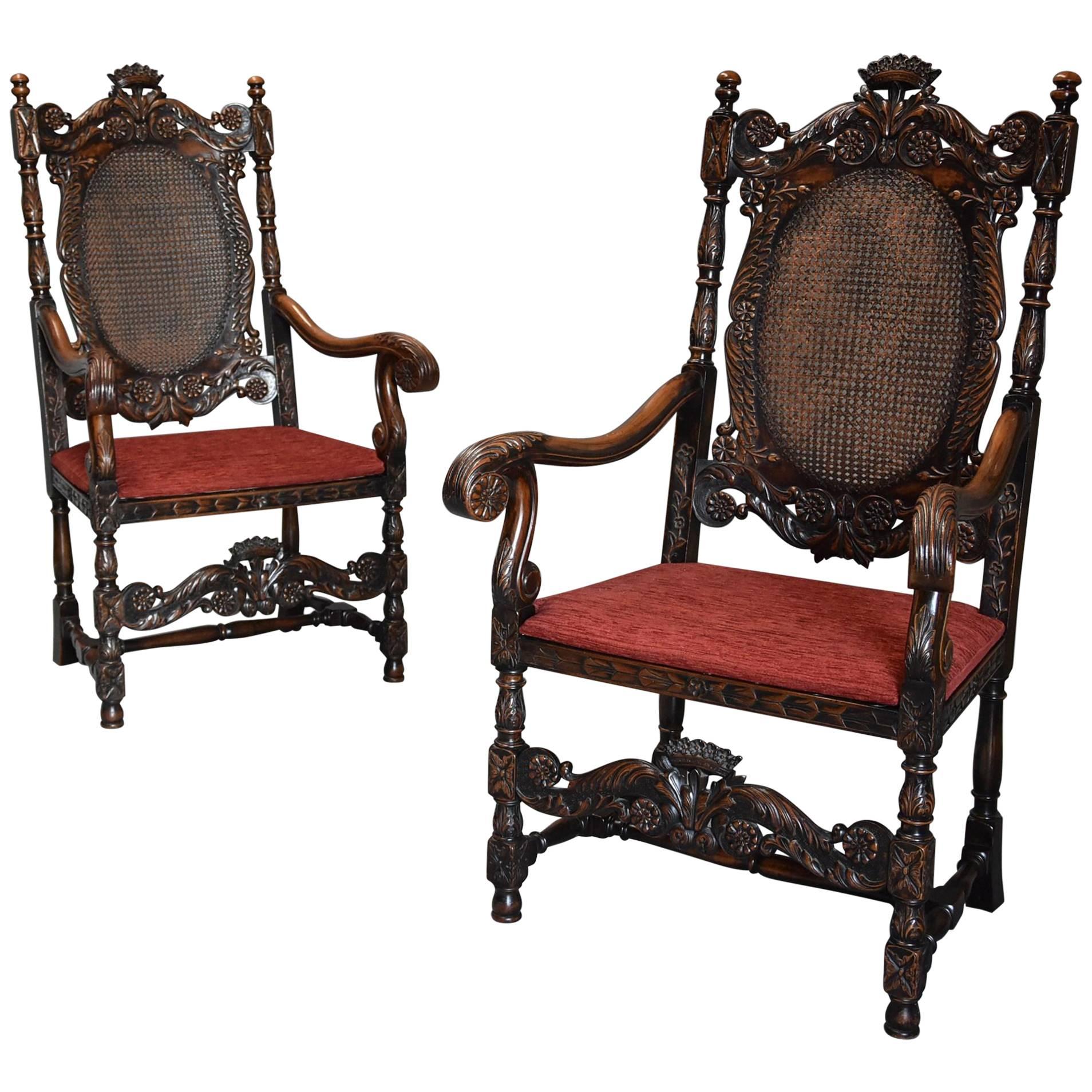 Superb Pair of Early 20th Century Charles II or Carolean Style Walnut Armchairs For Sale