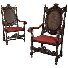Antique Superb Pair of Early 20th Century Charles II or Carolean Style Walnut Armchairs