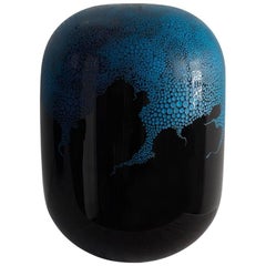 One of a Kind Blown and Watermarked Black Glass Vase with Blue Patine