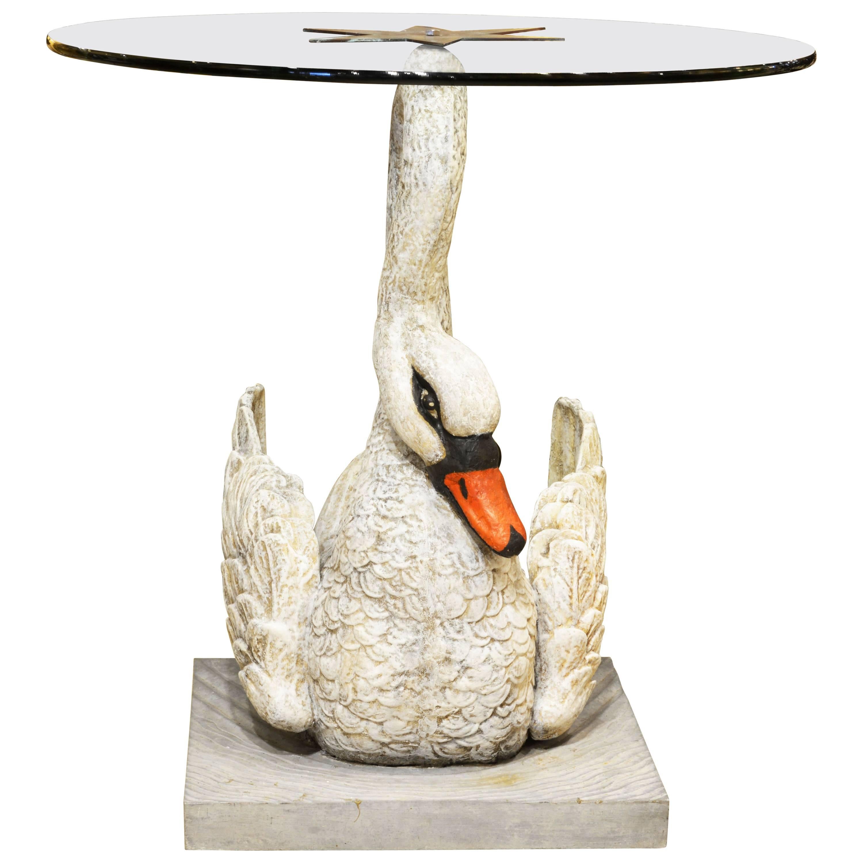 Striking Early 20th Century Painted Iron Swan Glass Top Occasional Table