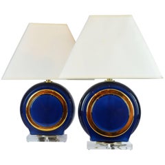 Pair of Classy Mid-Century Modern Cobalt Blue and Gilt Glass Lamps, Lucite Bases