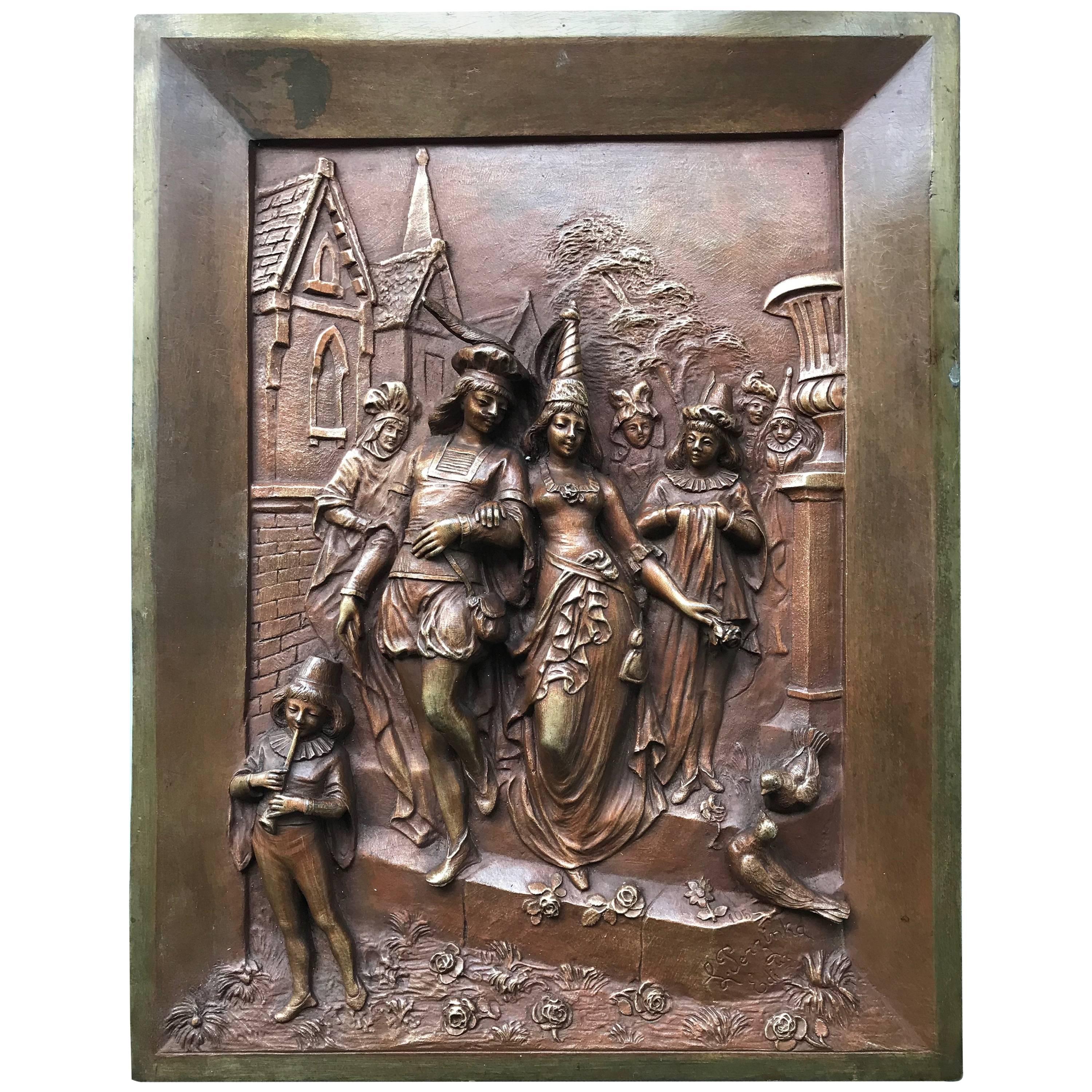Late 1800s Bronze Wall Plaque by Leon Perzinka, Depicting Marriage Scene/Party
