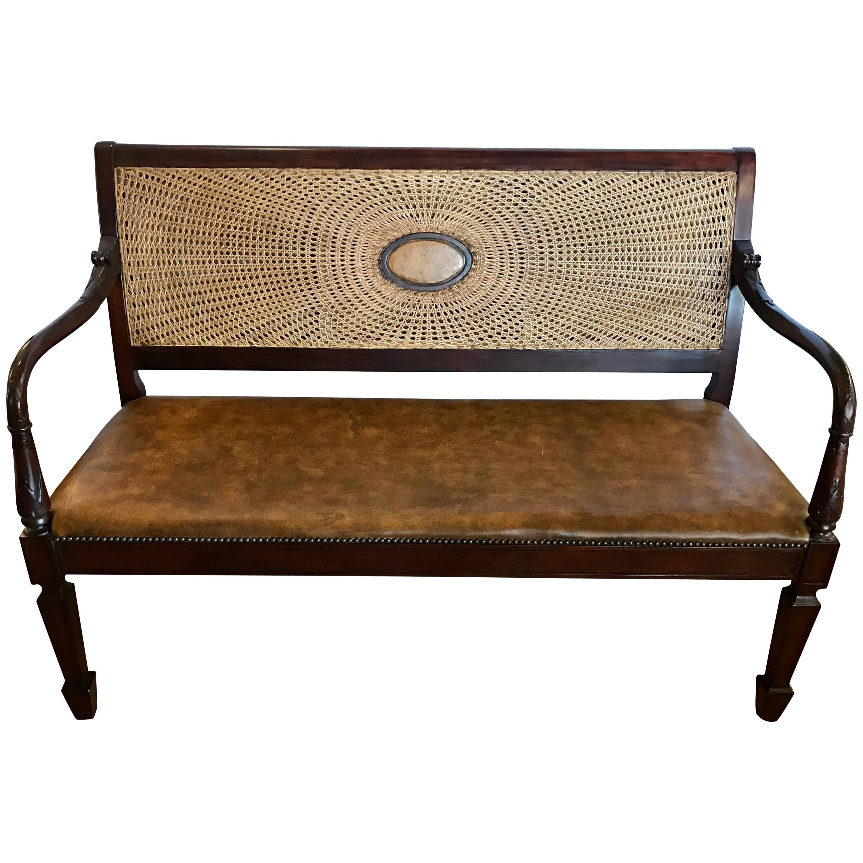 British Colonial Leather and Cane Back Bench Settee Loveseat