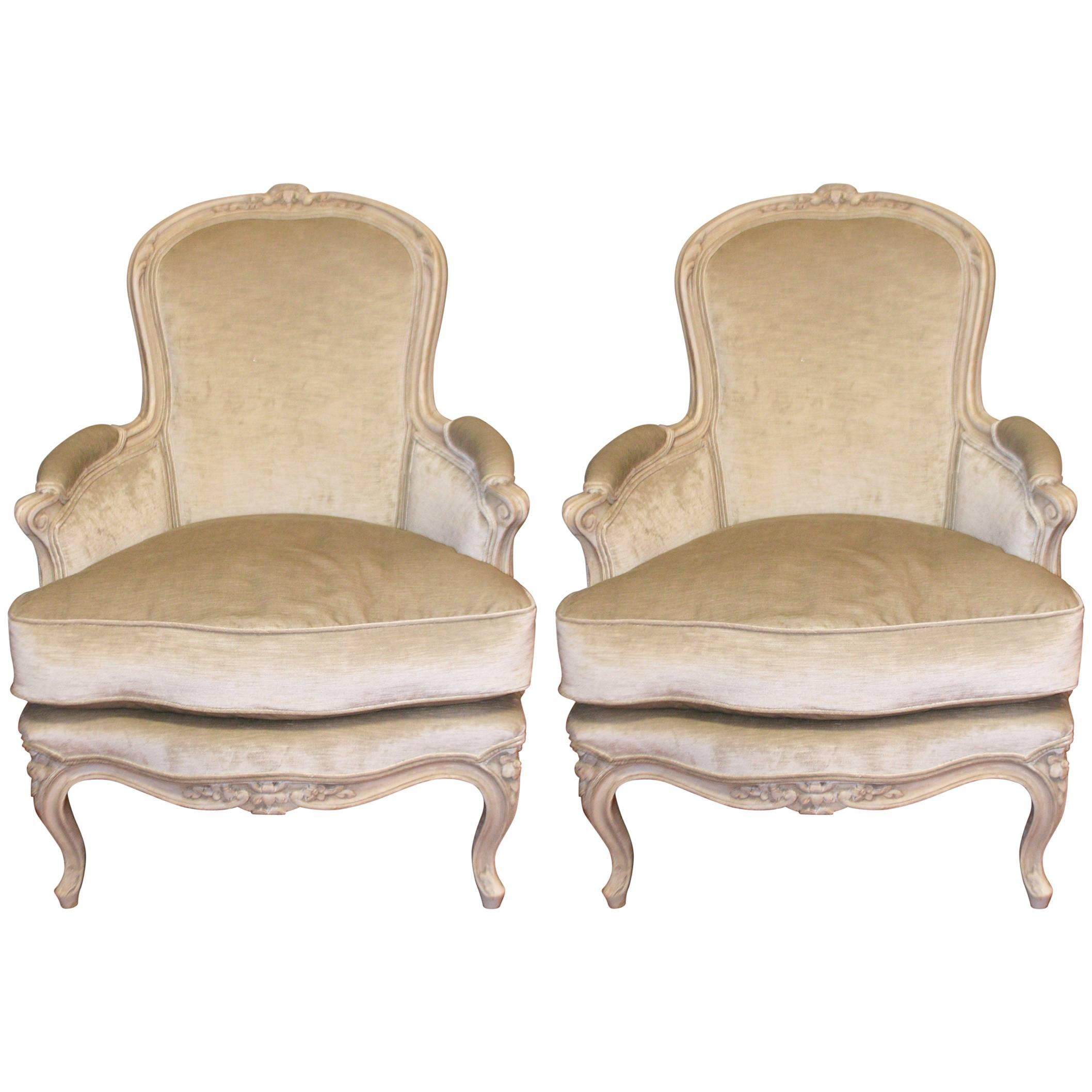 Pair of French Louis XV Style Painted Bergere Chairs with Grey Velvet Fabric
