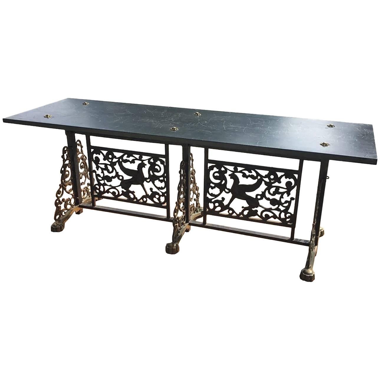 Oscar Bach Style Slate Top Wrought Iron and Bronze Bench