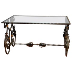 Antique French Black with Gold Wrought Iron Cocktail Table with Glass Top