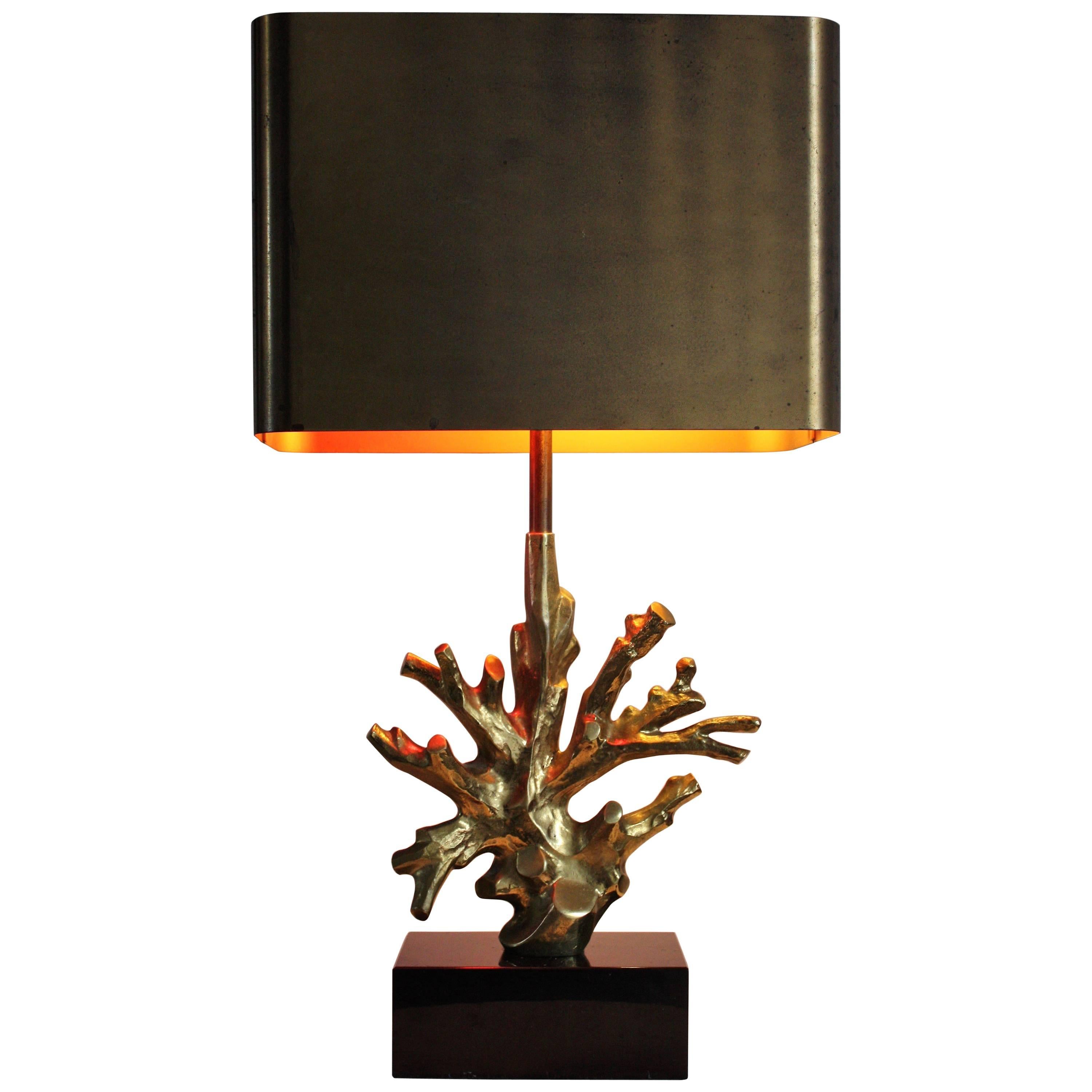 Mid - Century Signed Bronze Table Lamp "Coral" by Maison Charles, France, 1970s