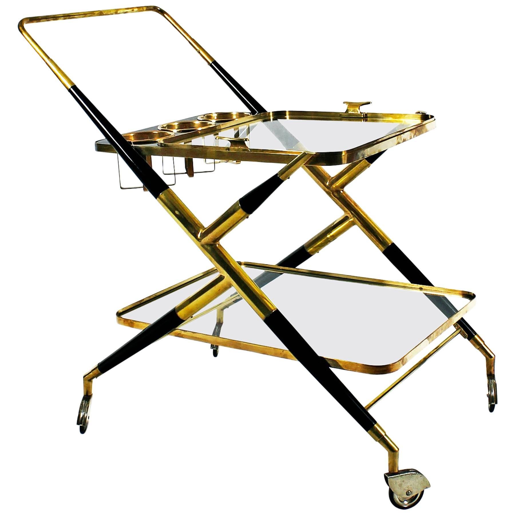1950s Bar Cart by Cesare Lacca, Stained Mahogany and Brass, Italy