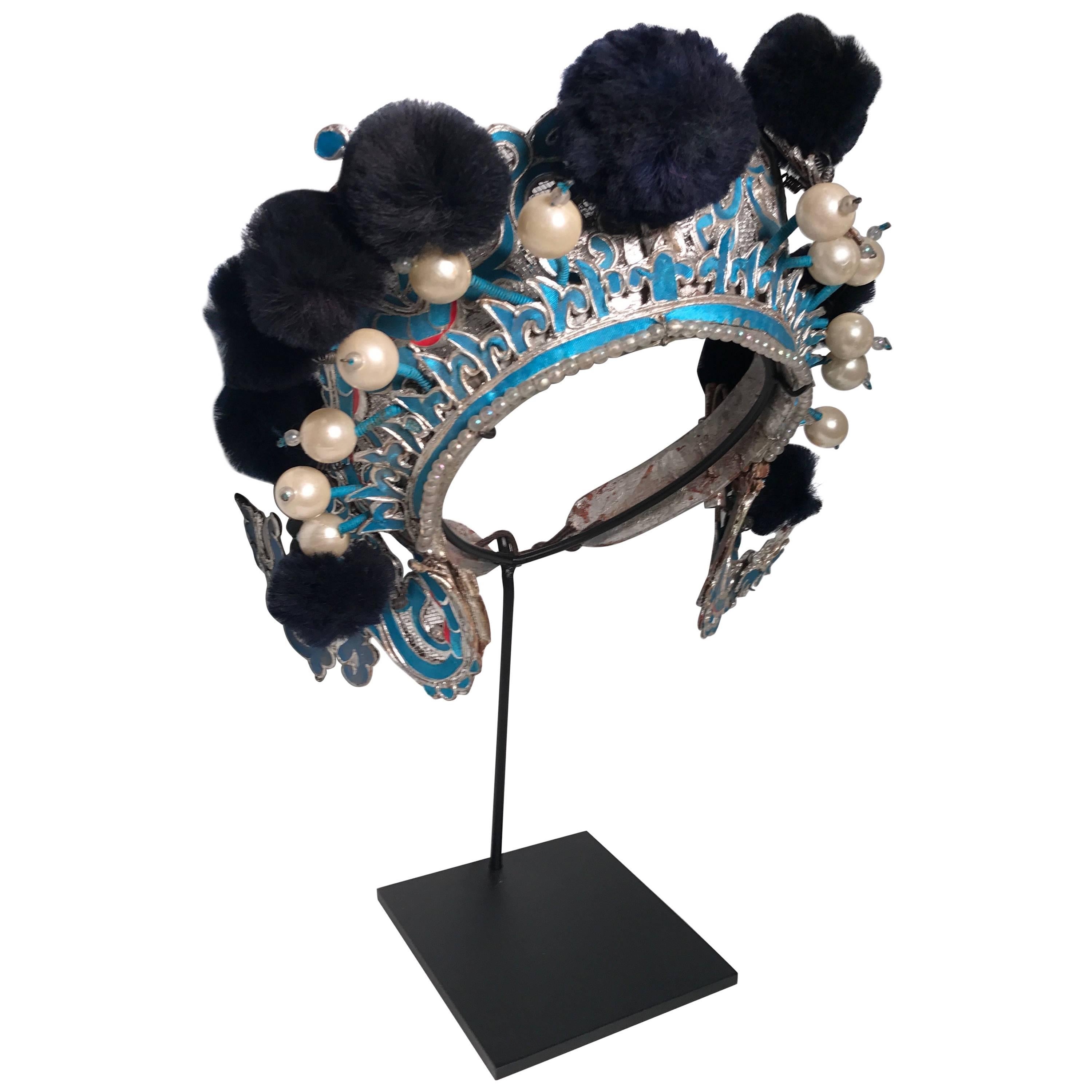 Vintage Chinese Theatre Headdress in Turquoise with Midnight Blue Pom Poms