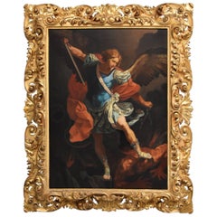 Antique 19th Century Italian Oil Painting 'Michael Defeating Satan' after Guido Reni