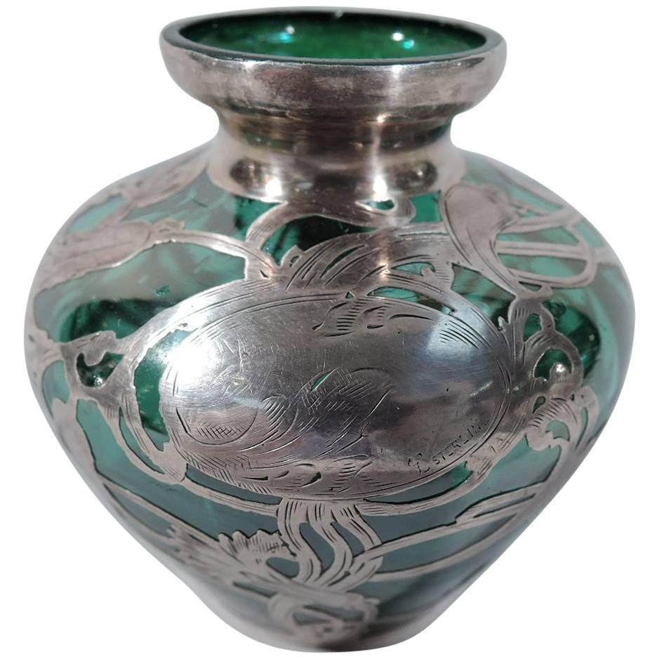 La Pierre Art Nouveau Green Glass Vase with Silver Overlay