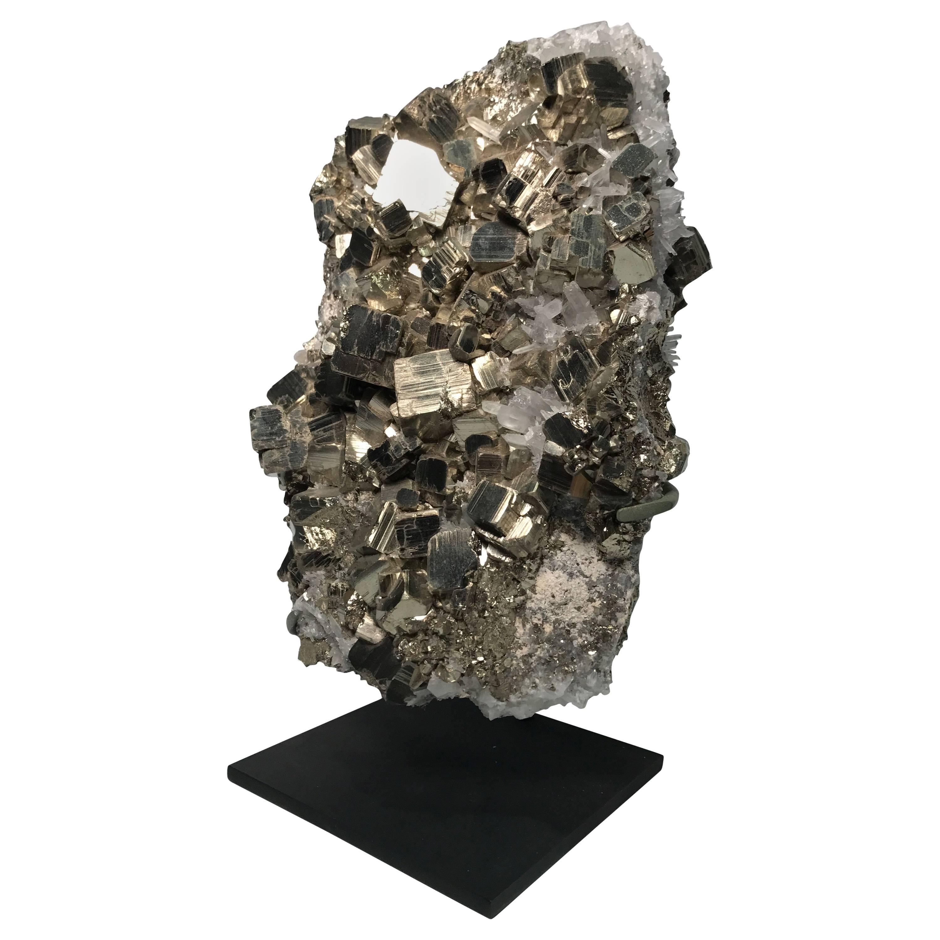 Mounted Pyrite Mineral Specimen "Fools Gold" with Quartz Inclusions from Peru