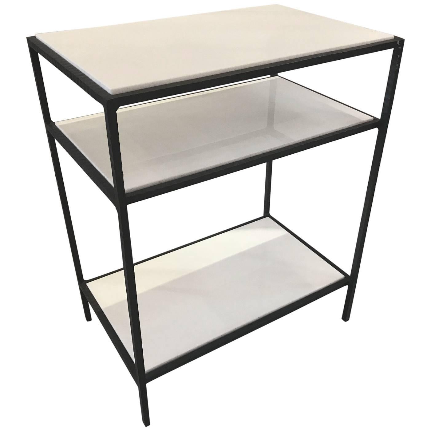 French Three-Tiered Midcentury White Glass and Iron Side Table