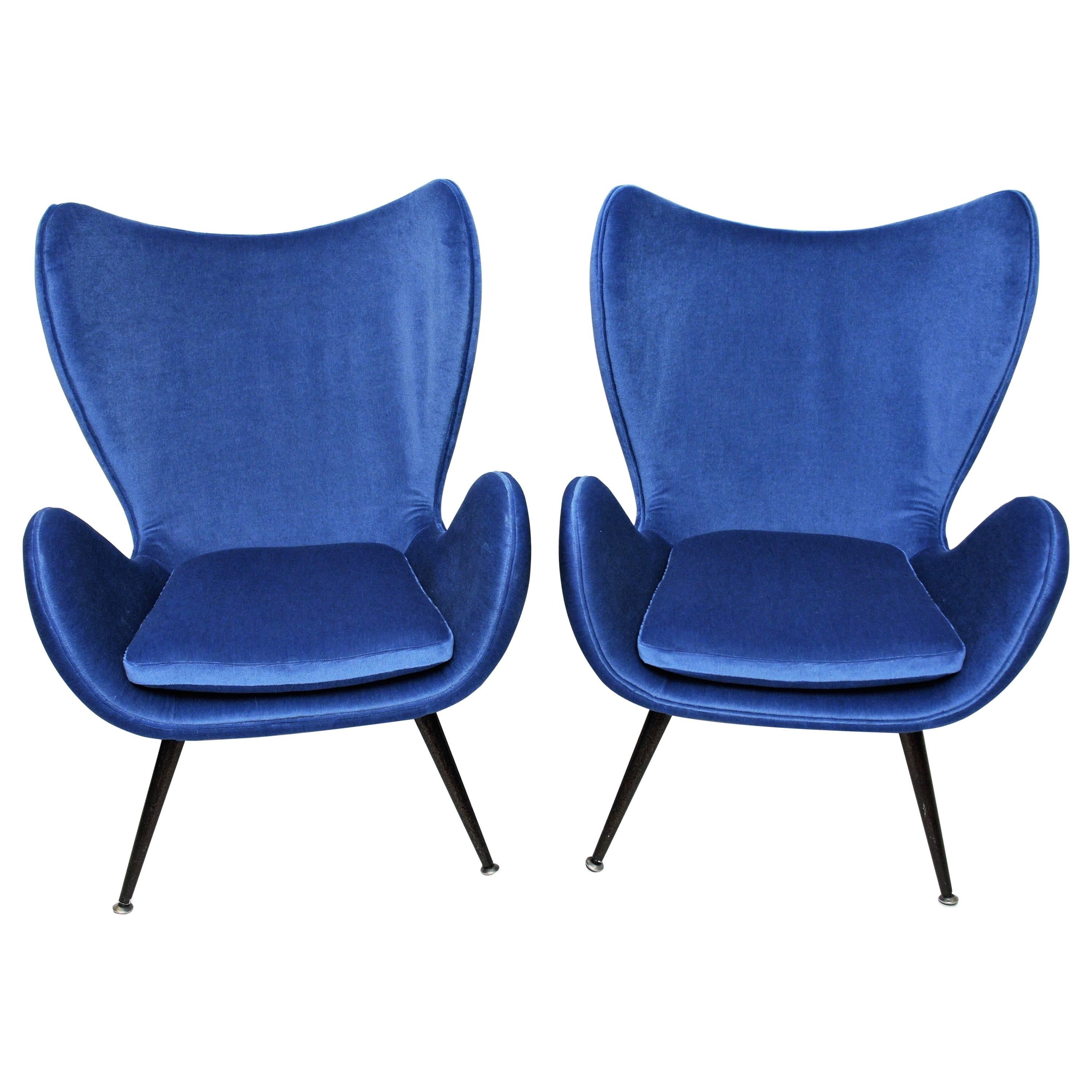 Beautiful pair of Blue Velvet Armchairs from the 1960`s Italian Style