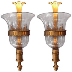 Pair of Antiqued Brass and Blown Glass Candle Sconces