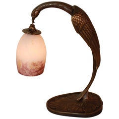 Antique Art Deco Phoenix Bronze Table Lamps with Art Glass Shade