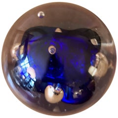 Murano Art Glass Round Paperweight with Cobalt Blue Inclusions