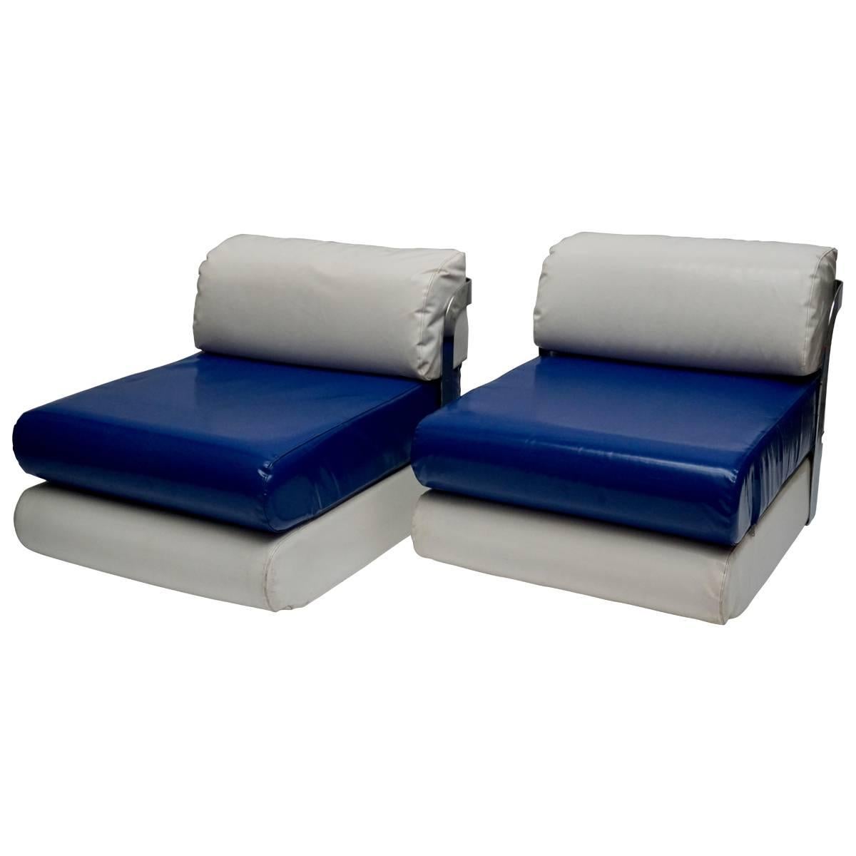 Two Italian Lounge Chairs in Blue and White  For Sale