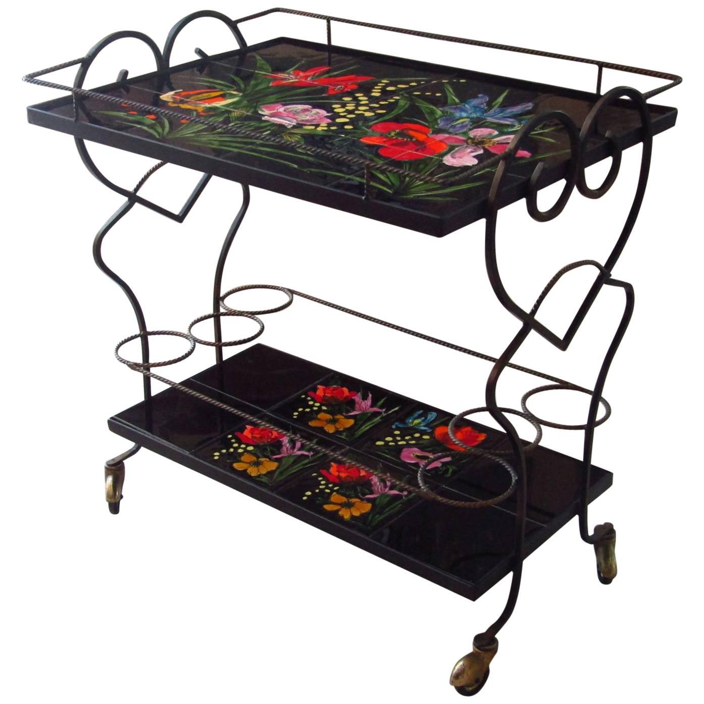 Midcentury Bar Cart Tiles and Wrought Iron, Vallauris France, 1950s