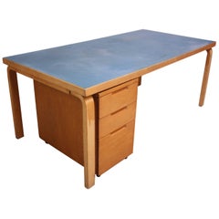 Alvar Aalto Birch Dining or Writing Table with Blue Top and Cabinet