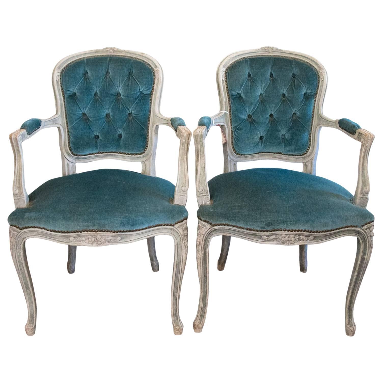 Fabulous Pair of 1929 Louis XV Stunning Sea Bleu Tufted Velvet French Arm Chairs