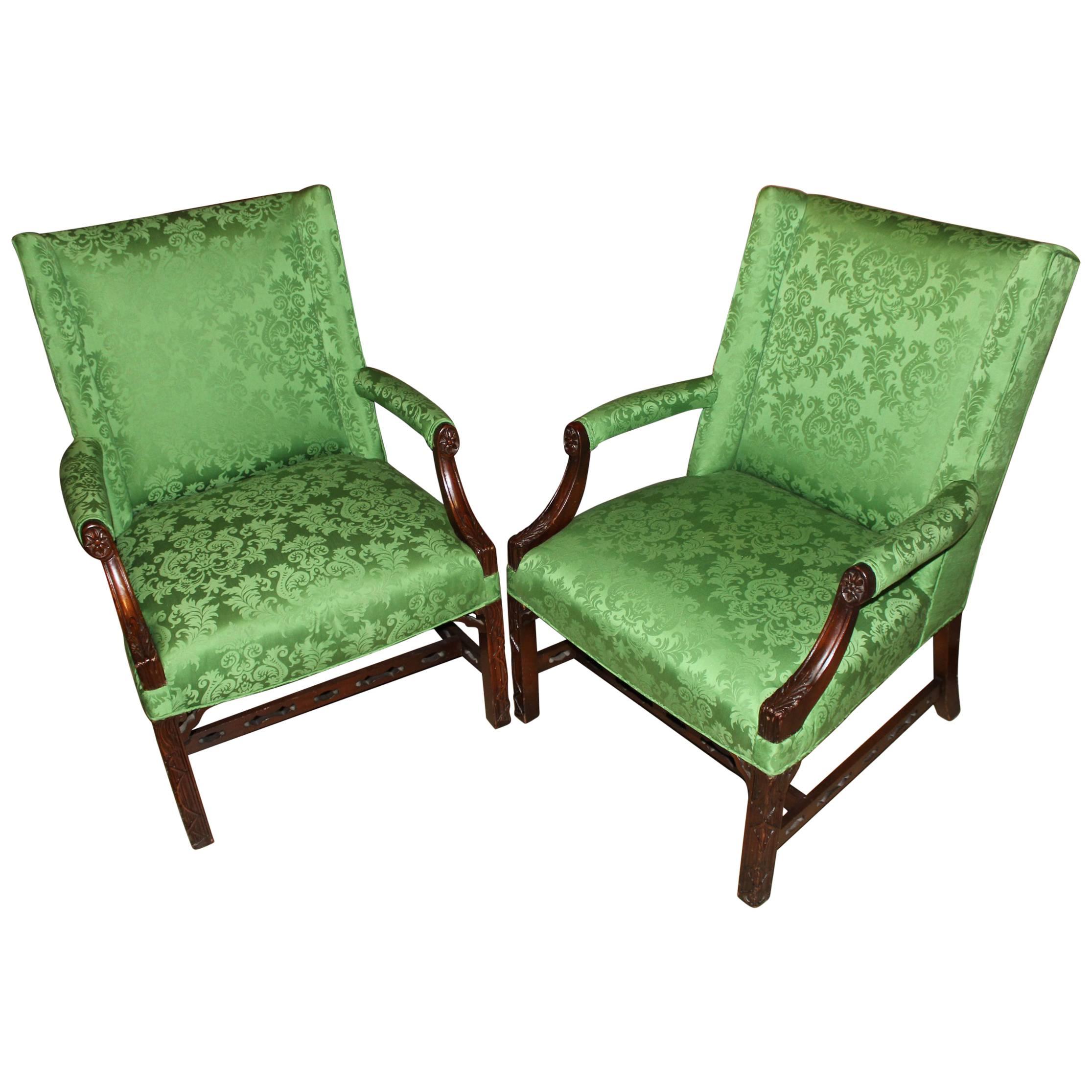 Pair of Chinese Chippendale Style Upholstered Mahogany Marlborough Armchairs
