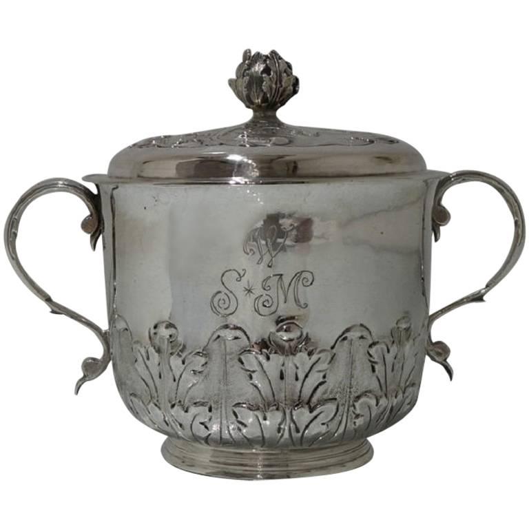 William & Mary Antique Sterling Large Silver Porringer and Cover For Sale