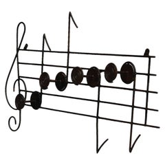 Vintage Midcentury Coat and Hat Rack Musical Notes Iron Wall Mount