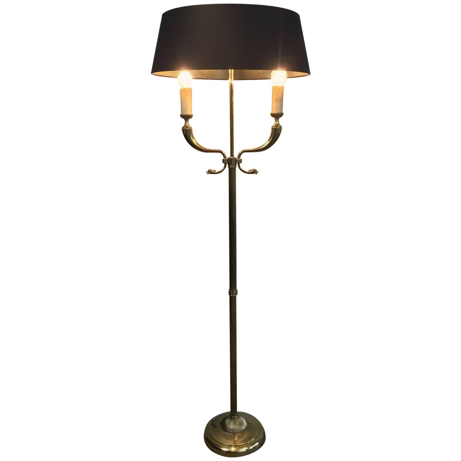 Brass Floor Lamp with Dolphin Heads, Attributed to Maison Jansen