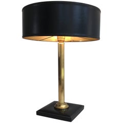 Brass and Black Leather Lamp in the Style of Jacques Adnet