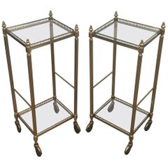 Pair of Neoclassical Square Brass Side Tables on Casters