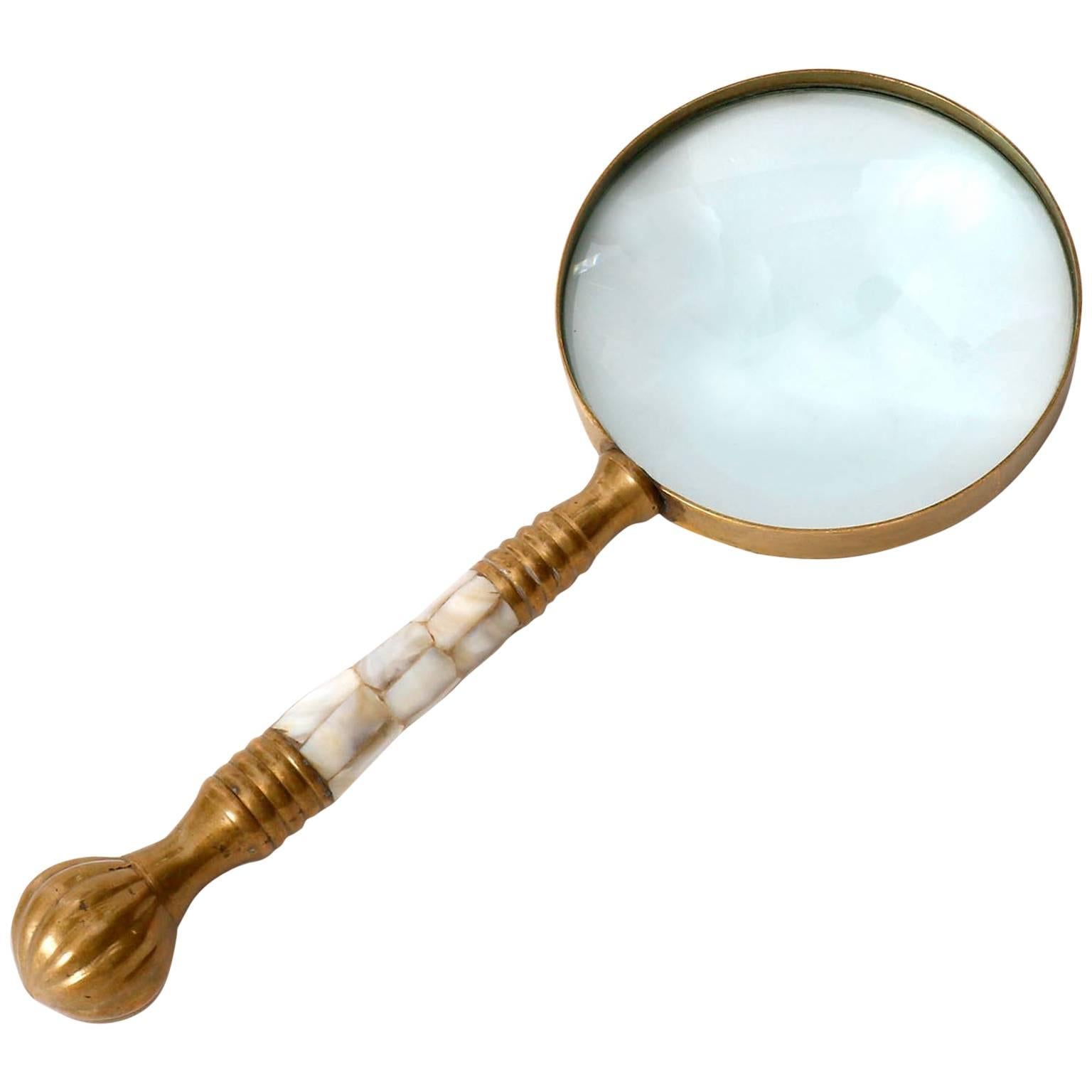Magnifier Magnifying Glass, Brass Mother-of-Pearl, circa 1900