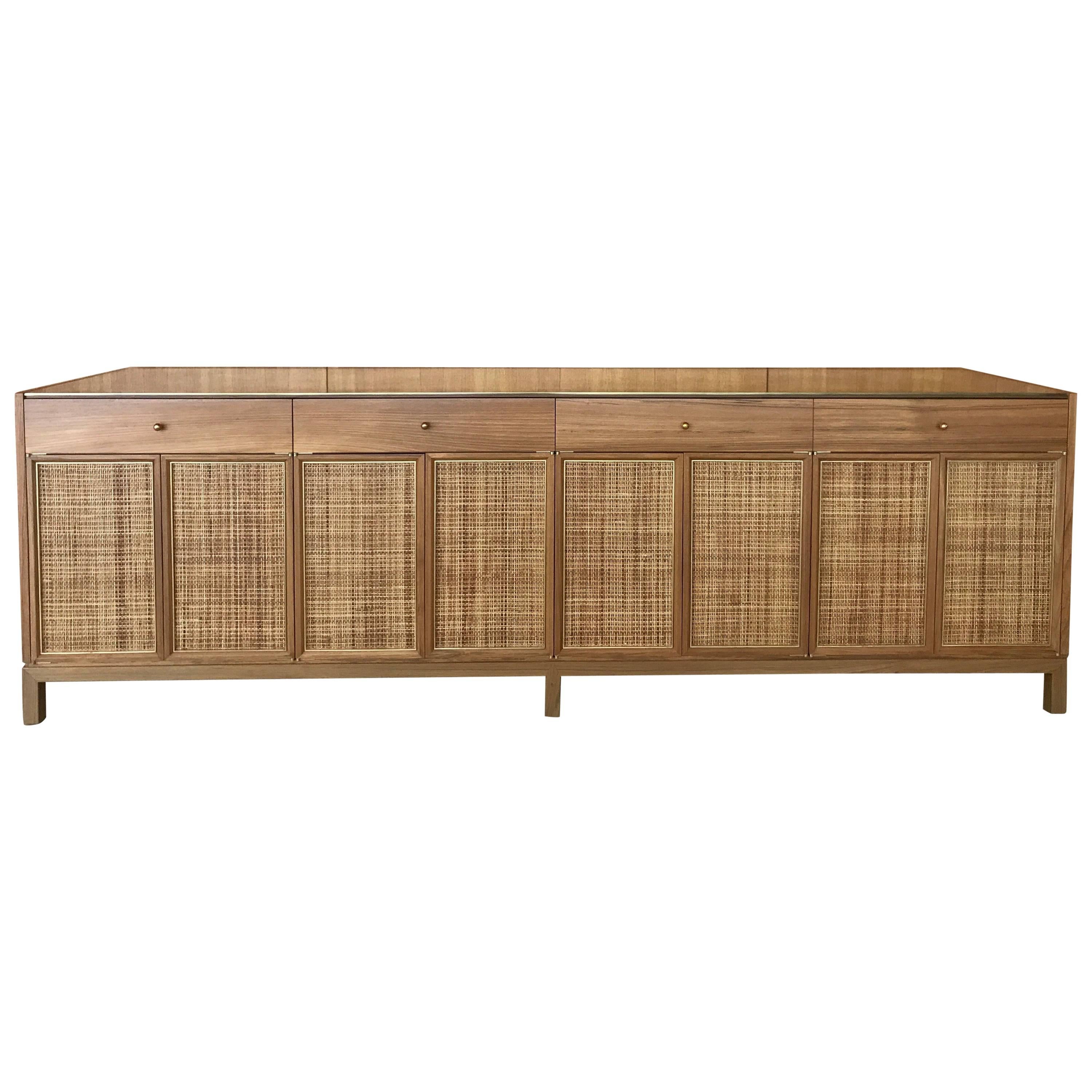 Midcentury Inspired Handcrafted Teak Buffet with Brass Top and Details For Sale