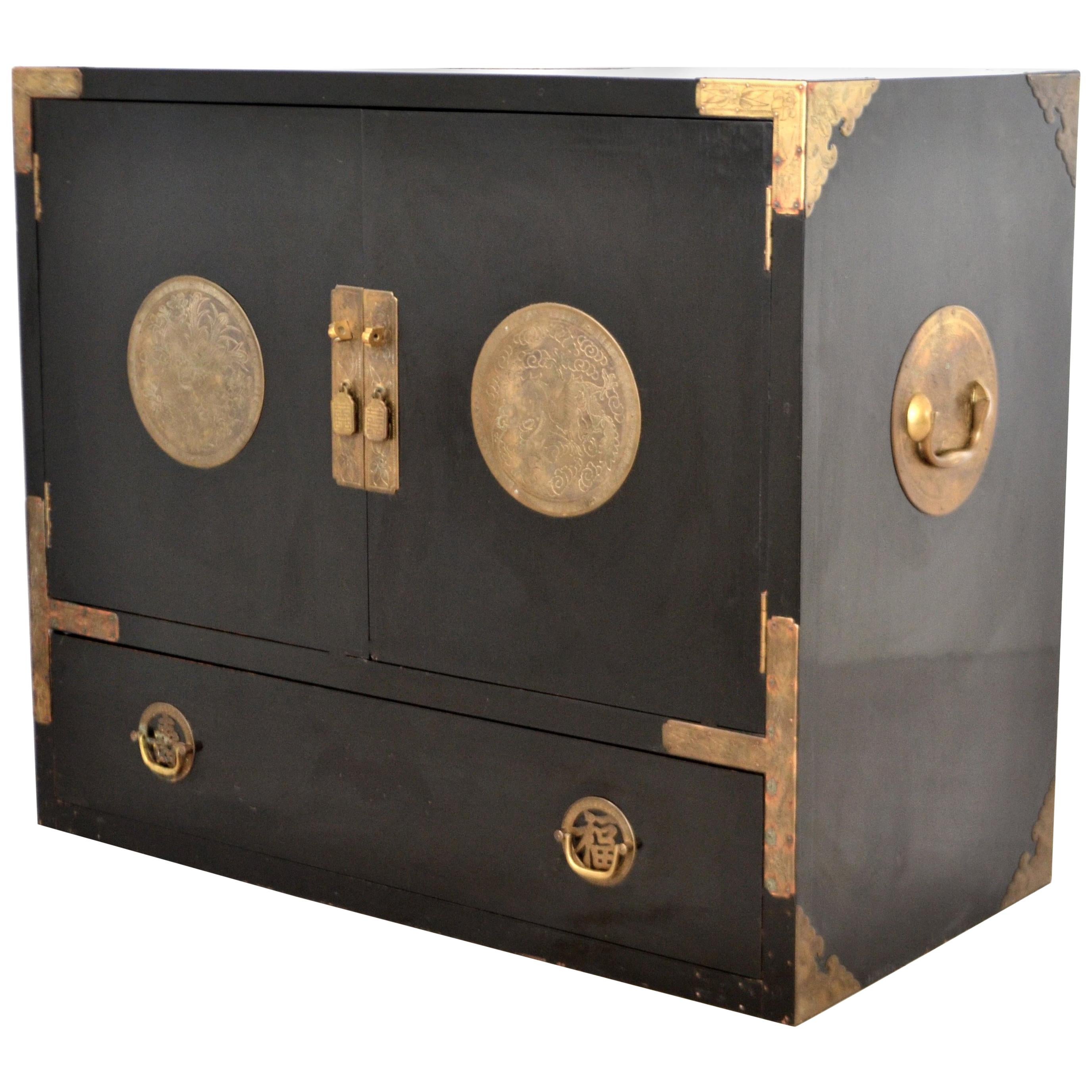 Midcentury Black Lacquered Asian Campaign Chest For Sale