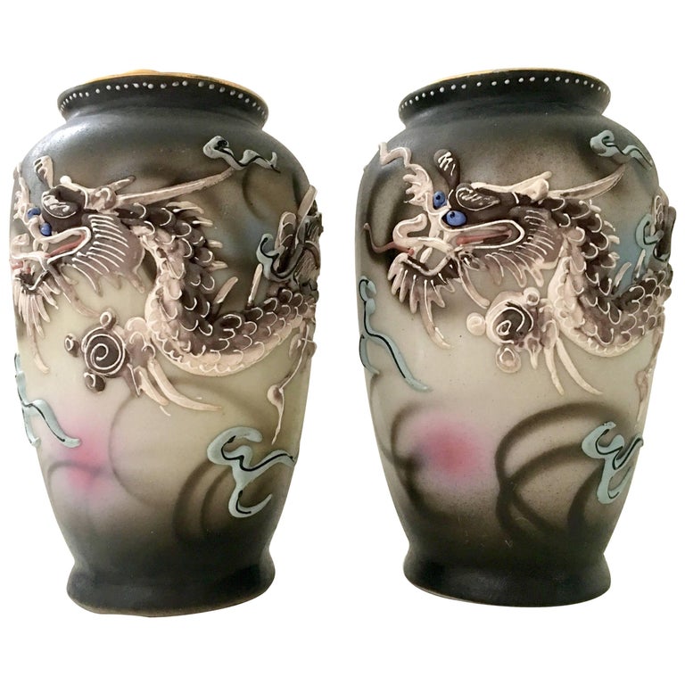MidCentury Japanese Porcelain HandPainted Moriage Dragon Ware Bud Vase, Pair at 1stDibs