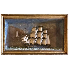19th Century Carved Wooden Ship Shadowbox with Lighthouse and Cottage