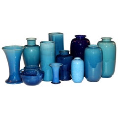 Set of Antique and Vintage Awaji Studio Pottery Vases Jars Shades of Blue