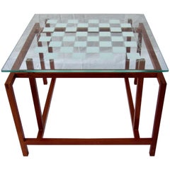 Henning Norgaard Danish Teak Game Table Stenciled Glass Top, 1960s