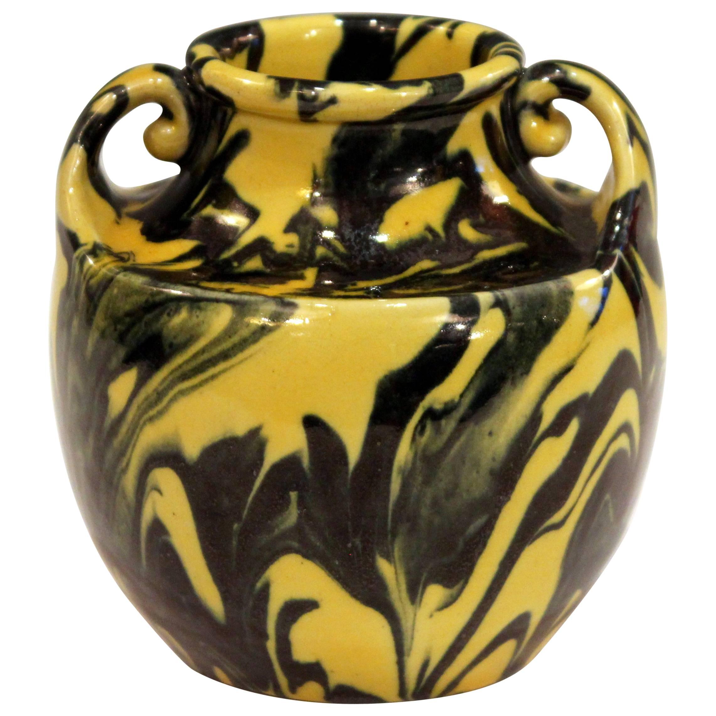 Awaji Pottery Art Deco Studio Japanese Marbled Metallic Yellow and Black Vase