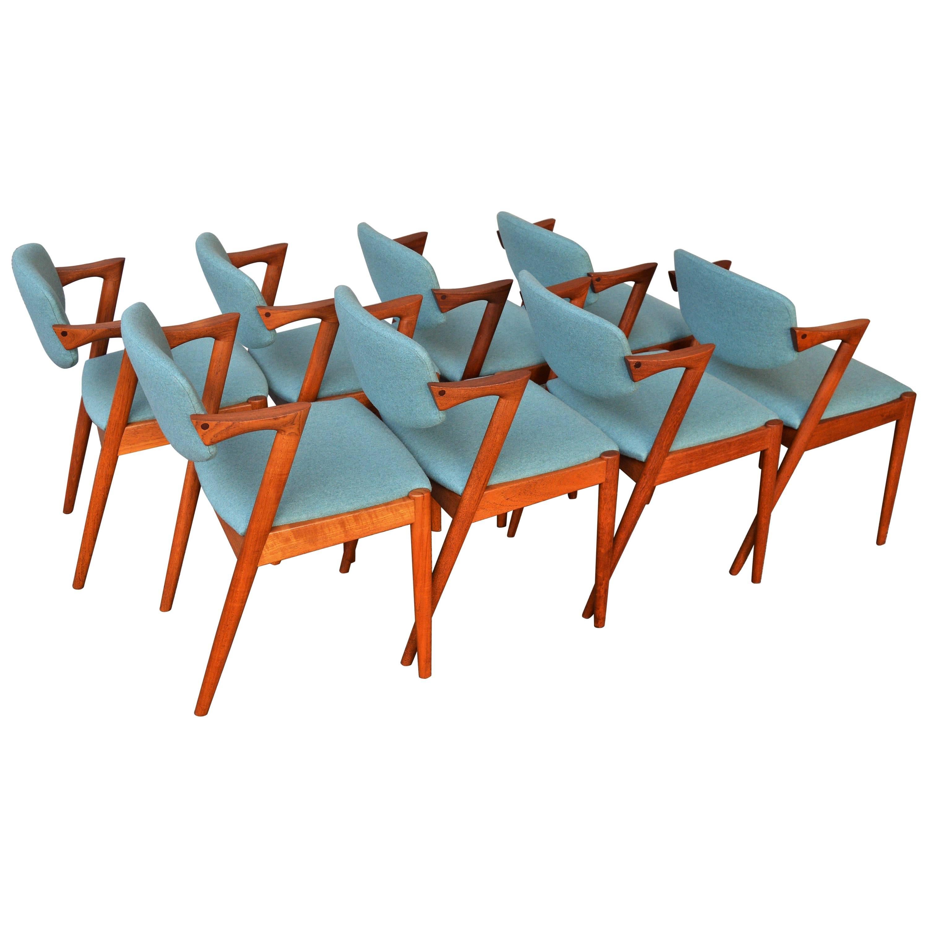 Set of Eight Kai Kristainsen Teak Model 42 Dining Chairs in Blue Wool