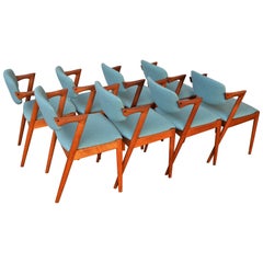 Set of Eight Kai Kristainsen Teak Model 42 Dining Chairs in Blue Wool Set of Eight Kai Kristainsen Teak Model 42 Dining Chairs in Blue Wool