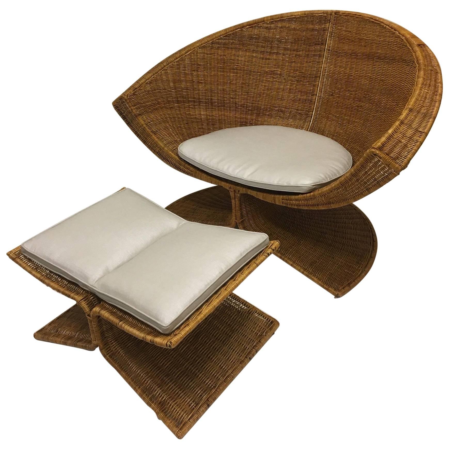 Rare “Lotus” Wicker  Lounge Chair and Ottoman by Miller Yee Fong