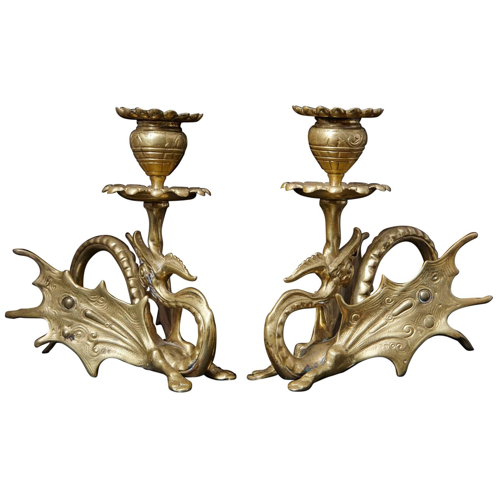 Pair of 19th Century Victorian Winged Dragon Brass Candleholders