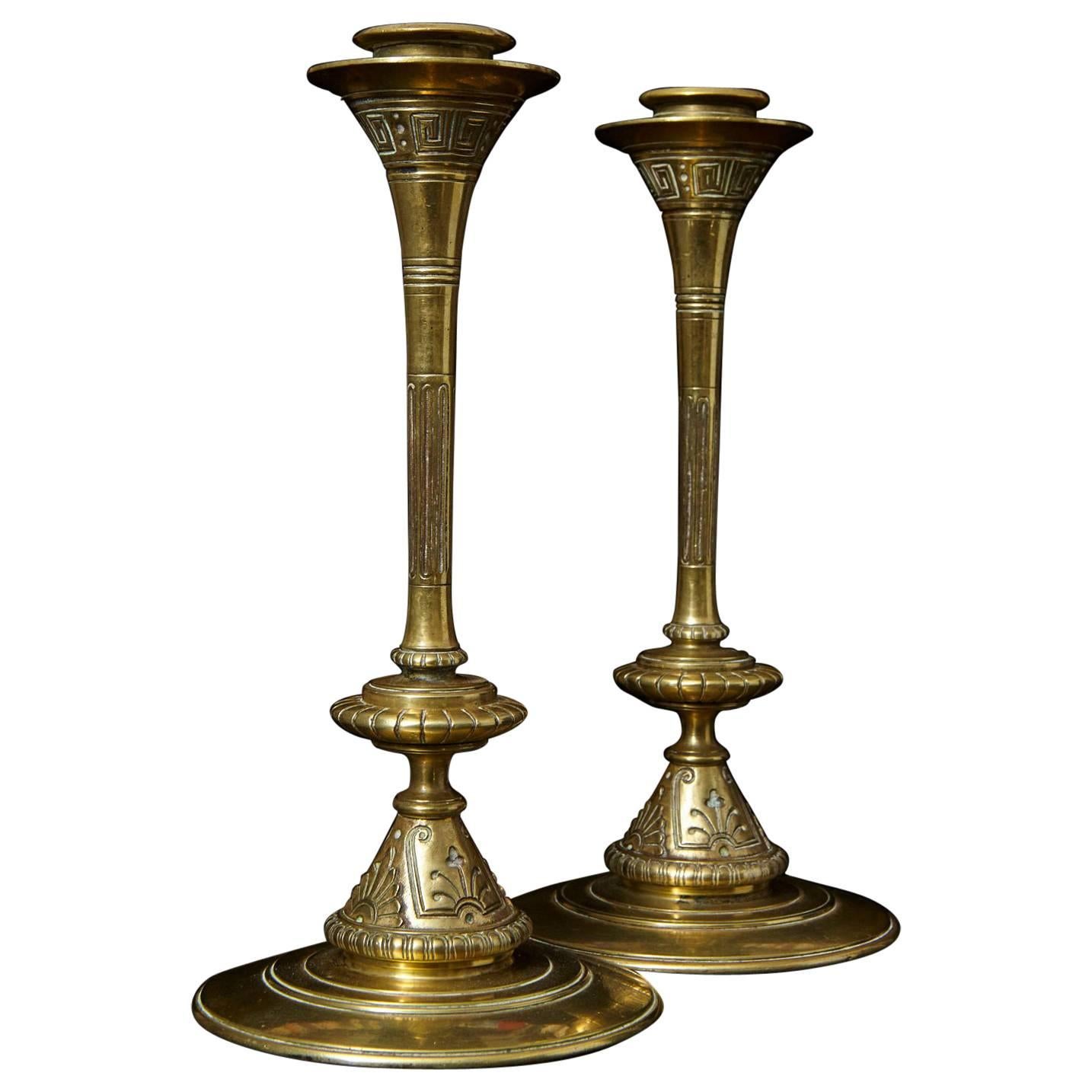 Pair of 19th Century Aesthetic Movement Trumpet Form Brass Candlesticks