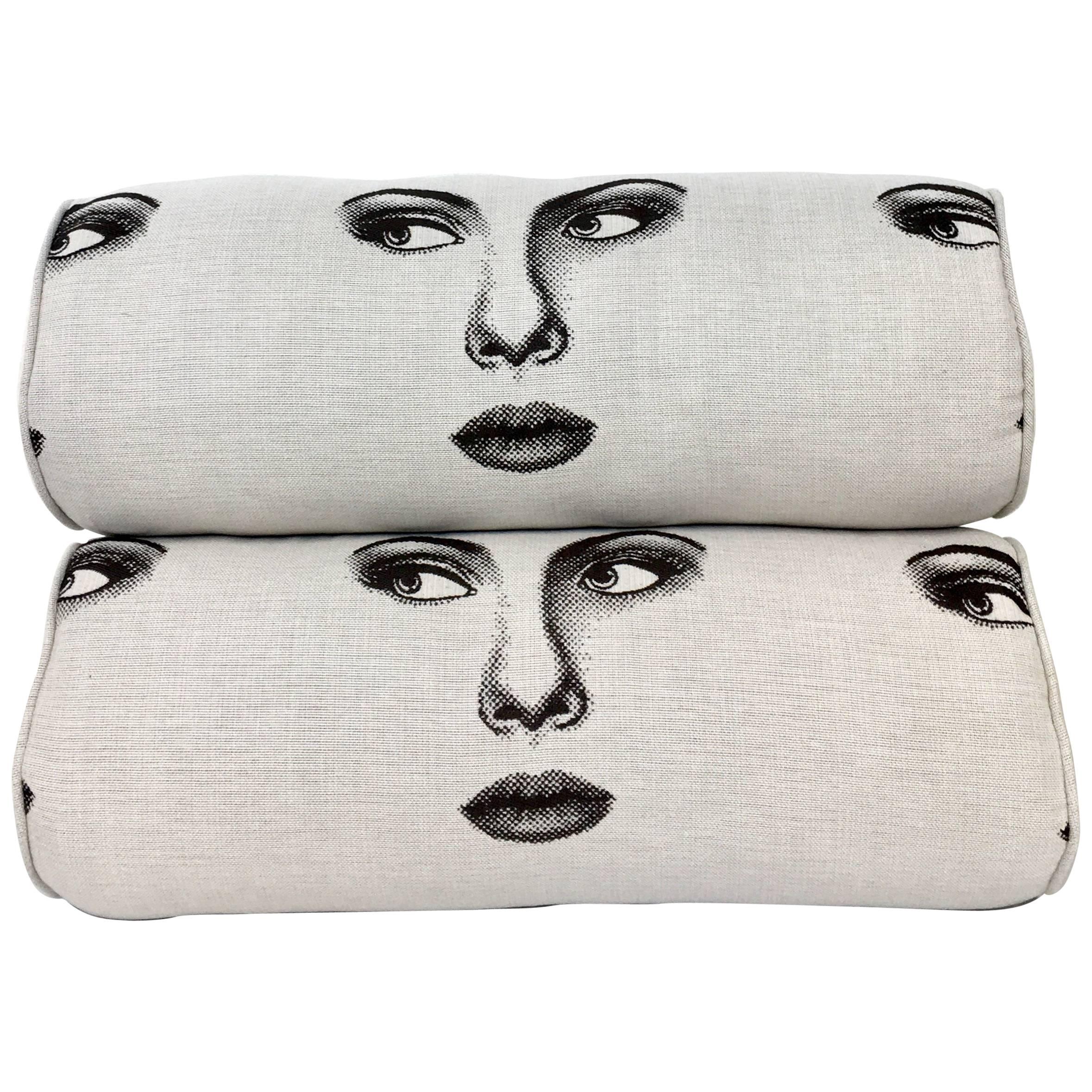 Pair of Contemporary Fornasetti Style Large "Two Face" Bolster Pillows