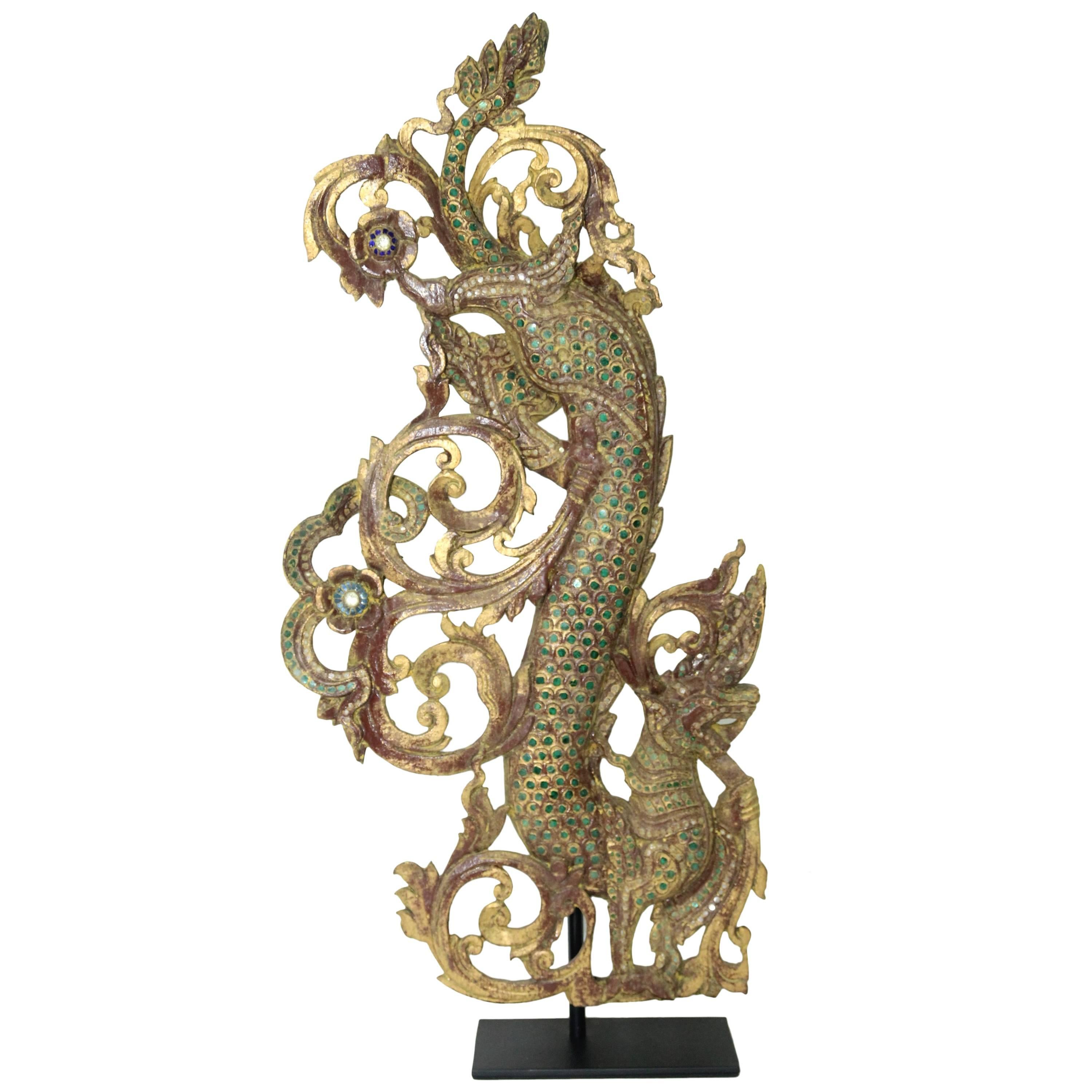 Burmese Gilt Temple Carving of Naga and Scrollwork with Color Glass Inlay