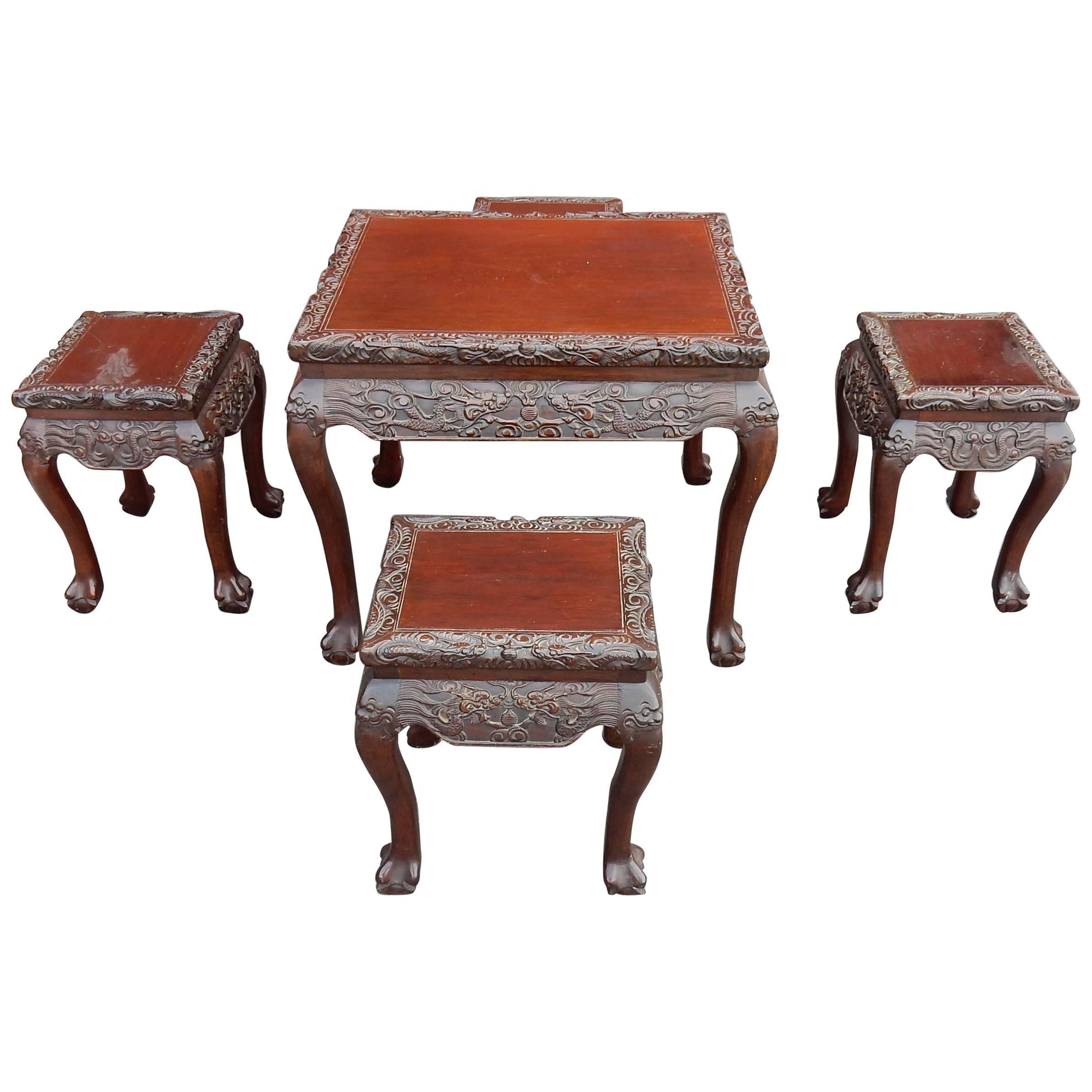 1920-1950 Play Table Mahjong China and Its Four Stools Palissandre