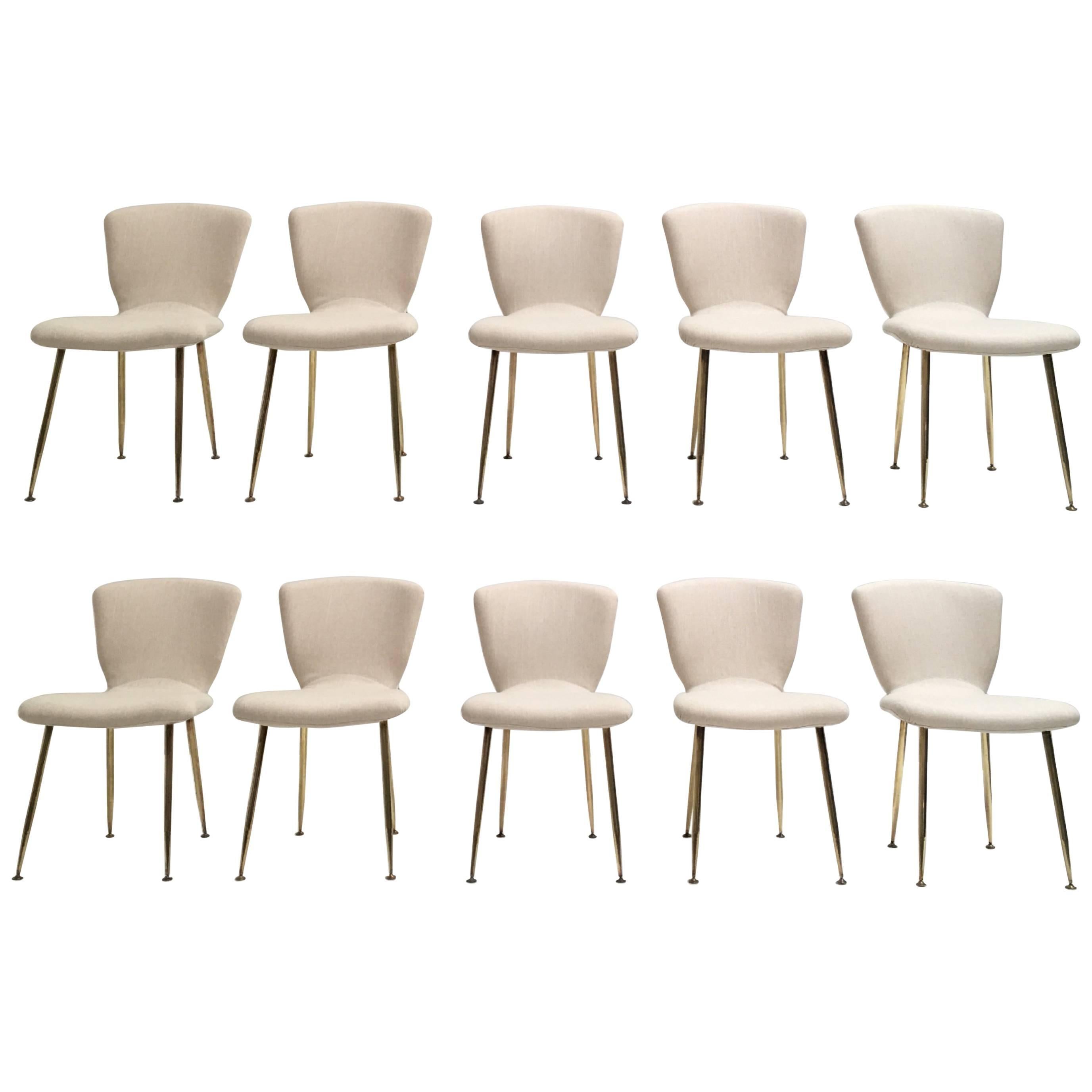 10 Dining Chairs by Louis Sognot for Arflex, 1959, brass legs, Upholstery Restored