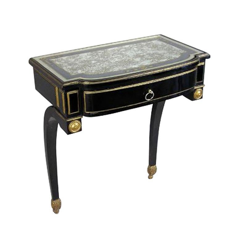French Ebonized Wood & Verre Eglomise Wall Console or Nightstand, Maison Jansen For Sale