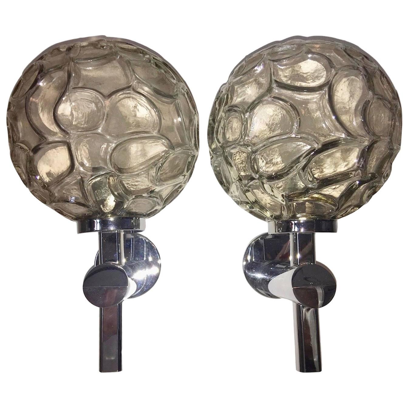 Pair of Italian Chrome and Organic Structure Glass Ball Sconces For Sale